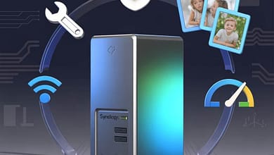 NAS troubleshooting workflow showing diagnostic tools security photos performance in circular layout