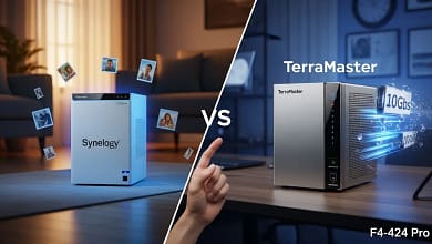 Synology vs TerraMaster 2026 comparison showing software polish on one side and hardware power on the other, with a family home cloud setup.