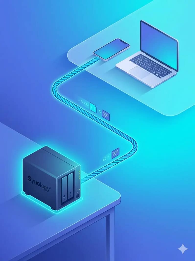 Workflow diagram: Synology NAS at home connects via glowing encrypted tunnel to a smartphone and laptop remotely β illustrating Meshnet in action