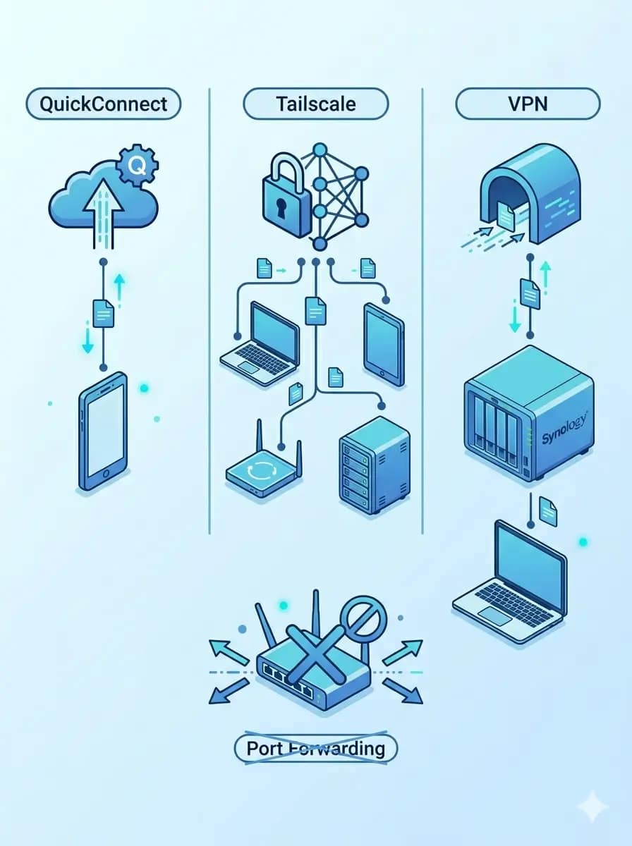 QuickConnect vs Tailscale vs NordVPN Meshnet for safe NAS access