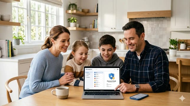 best password manager for families in 2026 β parent reviewing shared vault on laptop with child
