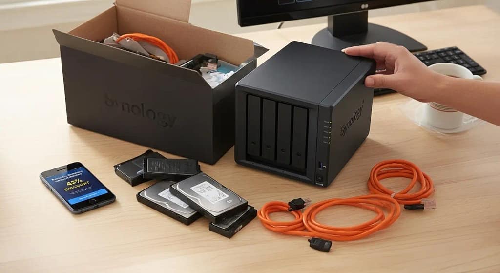 Top down view of a Synology NAS unboxing on a desk with hard drives and a smartphone showing a 45 percent Black Friday discount.