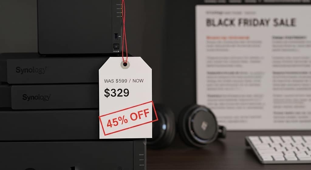 3D render of a gold number 45 floating above a Synology NAS with a Black Friday 2026 best prices banner in dark background.