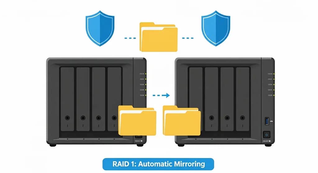 Simple illustration showing two hard drives with mirrored family photos explaining RAID 1 protection.