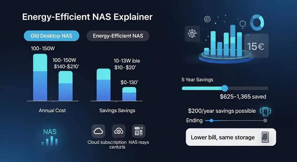 Diagram showing energy-efficient NAS with low-power CPU, drive hibernation and smart sleep schedule for home server
