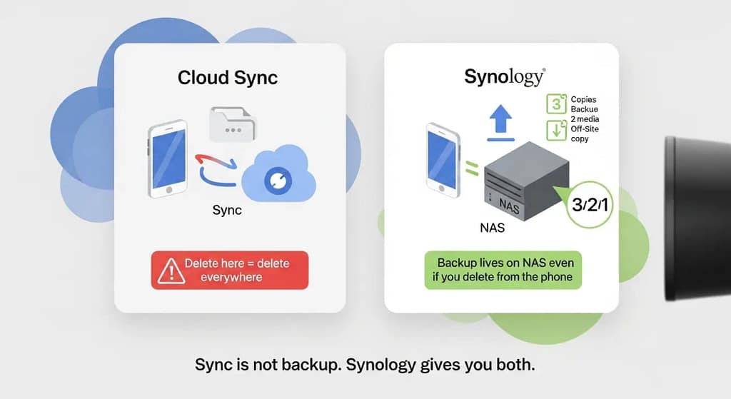 Diagram comparing cloud sync that deletes photos everywhere with a Synology NAS backup that keeps a safe copy of family photos