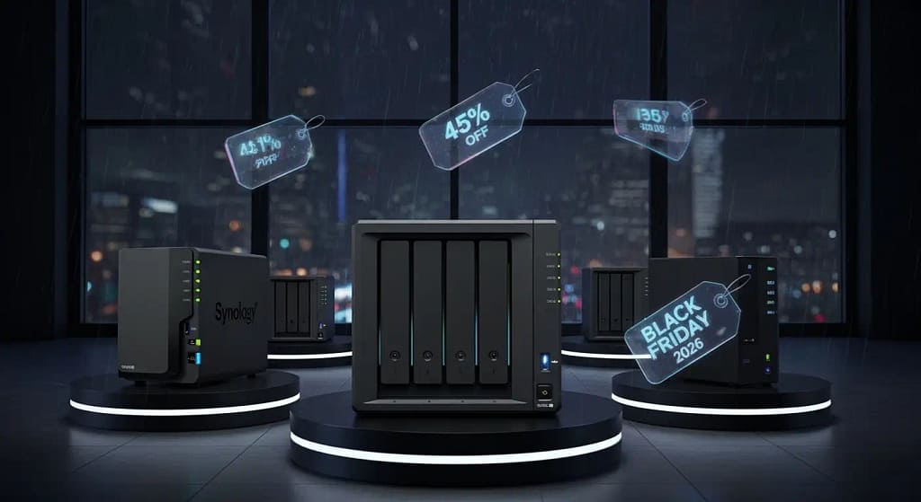 Stack of Synology NAS retail boxes with a swinging price tag highlighting a 45 percent discount for Black Friday 2026.