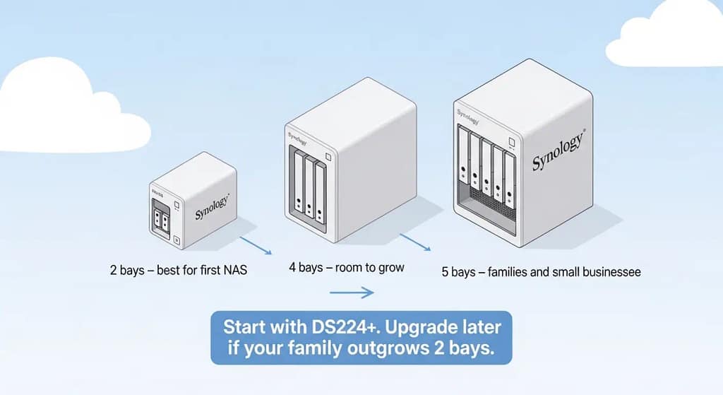 Illustration of Synology DS224 plus DS923 plus and DS1522 plus models showing an upgrade path for growing families