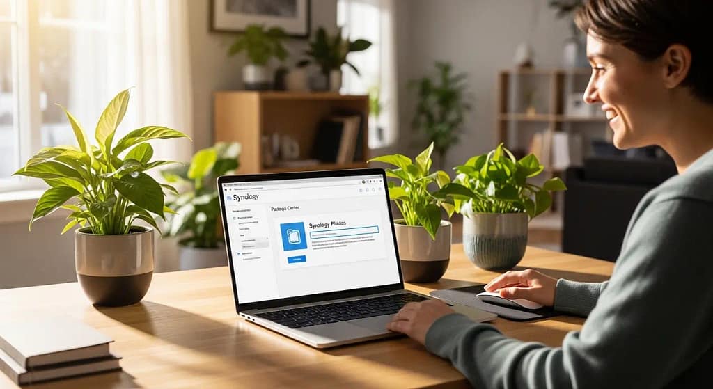 Person setting up Synology DSM interface on laptop