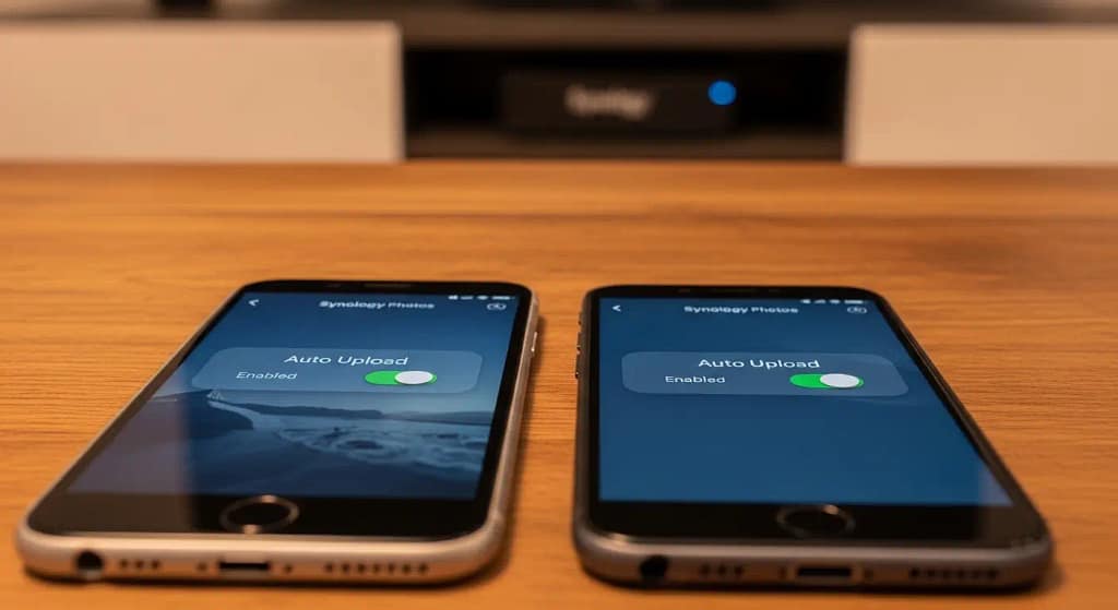 Smartphones showing Synology Photos auto upload settings