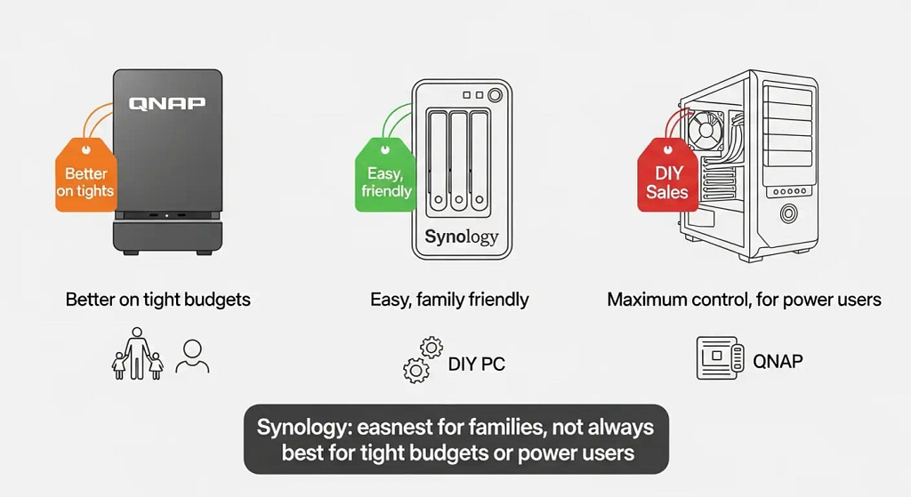 Illustration comparing Synology NAS for families with QNAP and DIY NAS options for budget and power users