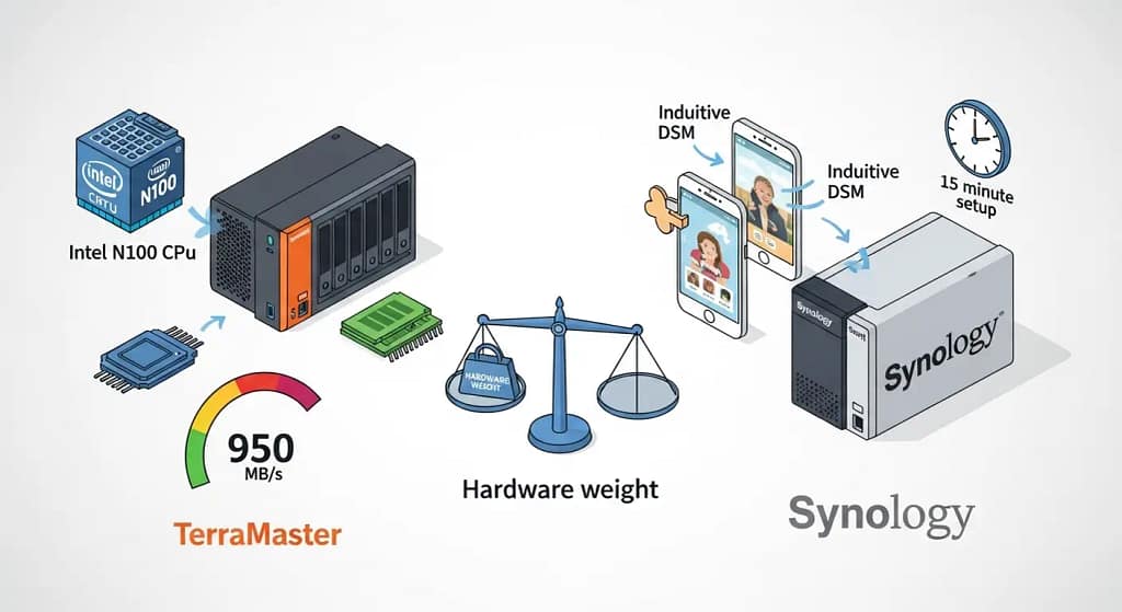 Infographic comparing Synology vs TerraMaster 2026 hardware and software advantages: TerraMaster's Intel N100 CPU and 10GbE speed versus Synology's DSM interface and 15-minute setup.