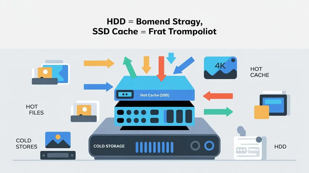 Diagram of a home NAS with a fast SSD cache layer on top of slower HDD storage showing hot files moving to SSD and cold files staying on disks