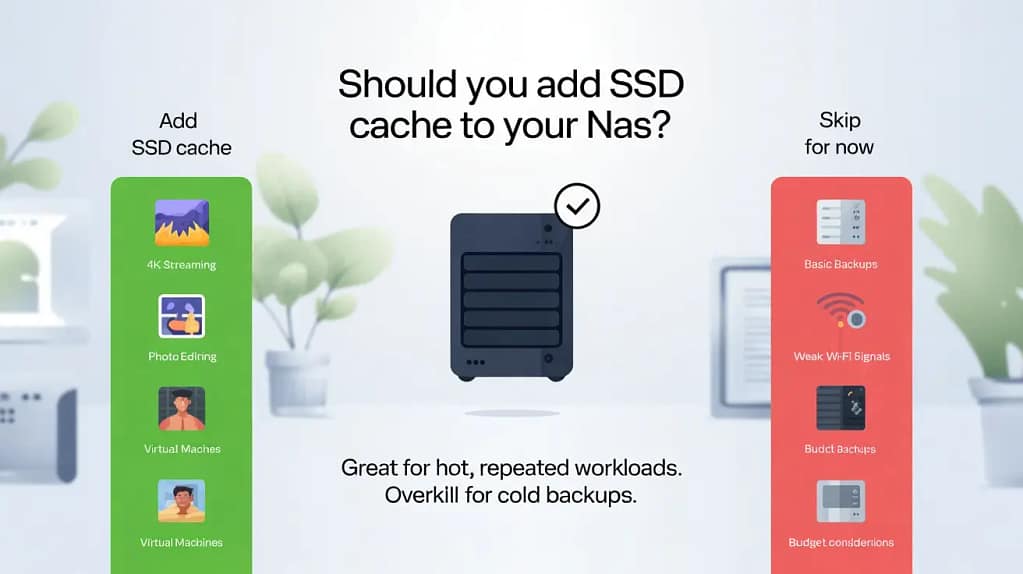 Decision graphic comparing when to add SSD cache to a home NAS and when to skip it for simple backup use
