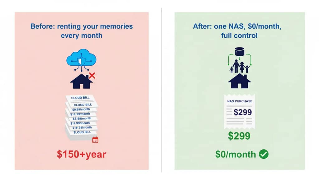 Before and after comparison of high Google Photos bills versus one-time NAS cost with zero monthly fees