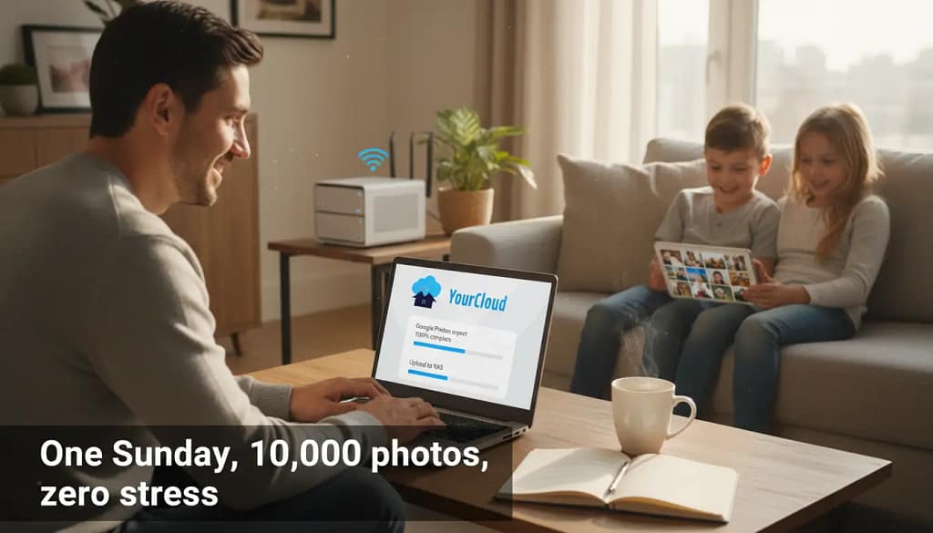 Infographic showing yearly Google Photos costs, migration time, and zero monthly fees after moving to a NAS