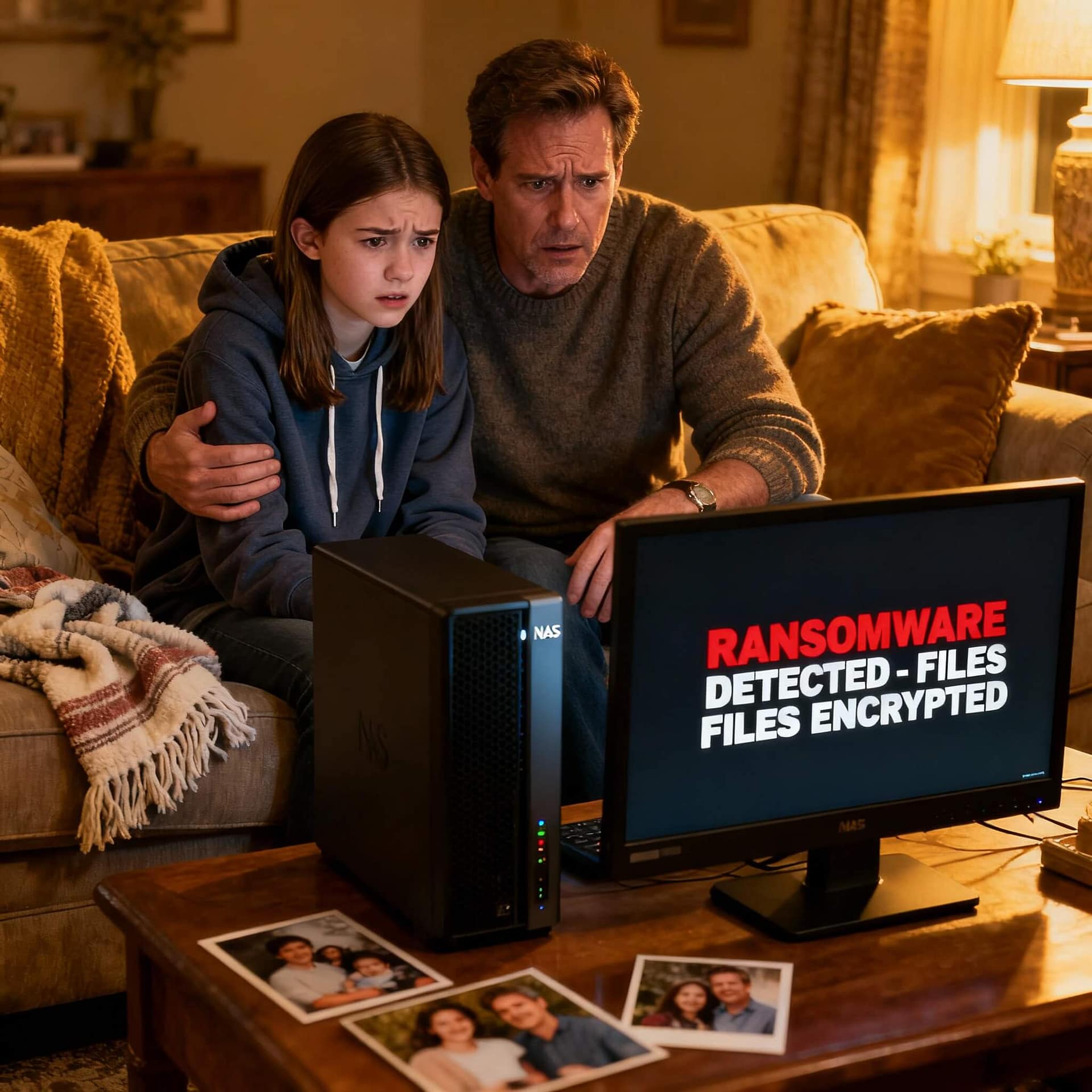 Family NAS device showing ransomware warning screen with encrypted files message