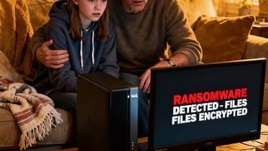 Family NAS device showing ransomware warning screen with encrypted files message