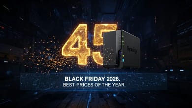 Synology NAS devices on display with glowing 45 percent off Black Friday 2026 deal tags in a futuristic showroom.