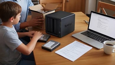 A parent and child unboxing a Synology DIY family NAS on a Saturday morning with laptop and checklist.
