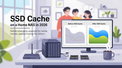 Illustration of a home NAS with NVMe SSD cache showing before and after performance upgrade in 2026