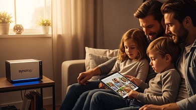Family looking at photos on tablet with Synology NAS nearby