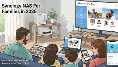 Family using a Synology style NAS as a private home cloud instead of paying for multiple online storage subscriptions