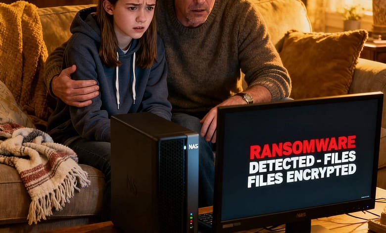 Family NAS device showing ransomware warning screen with encrypted files message