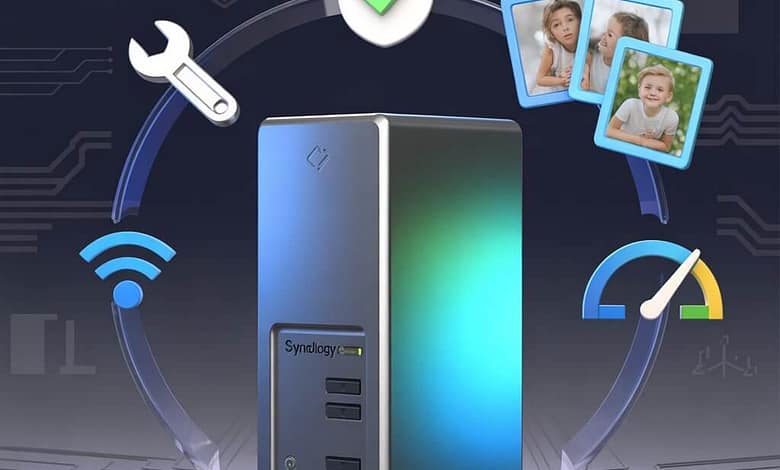 NAS troubleshooting workflow showing diagnostic tools security photos performance in circular layout