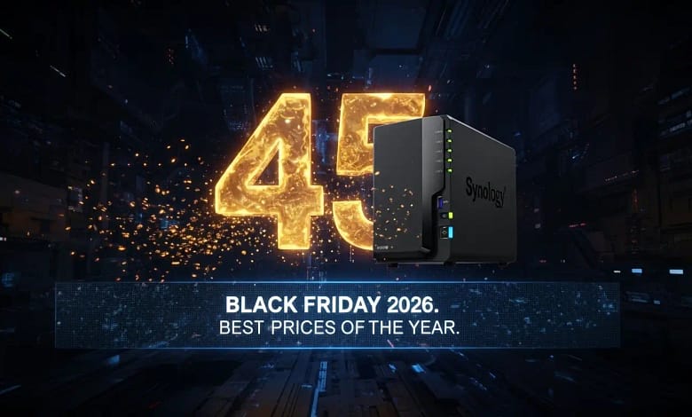 Synology NAS devices on display with glowing 45 percent off Black Friday 2026 deal tags in a futuristic showroom.