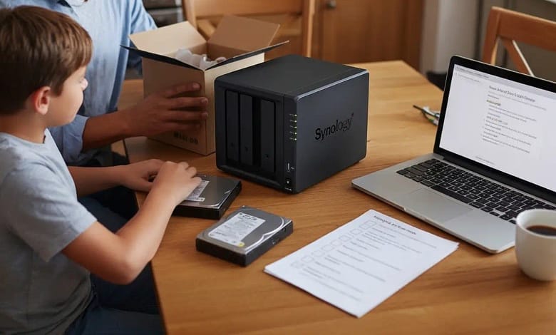 A parent and child unboxing a Synology DIY family NAS on a Saturday morning with laptop and checklist.