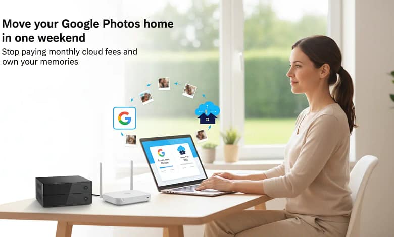 Parent migrating Google Photos to a home NAS on a laptop during a relaxed weekend afternoon