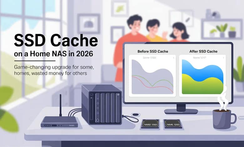 Illustration of a home NAS with NVMe SSD cache showing before and after performance upgrade in 2026