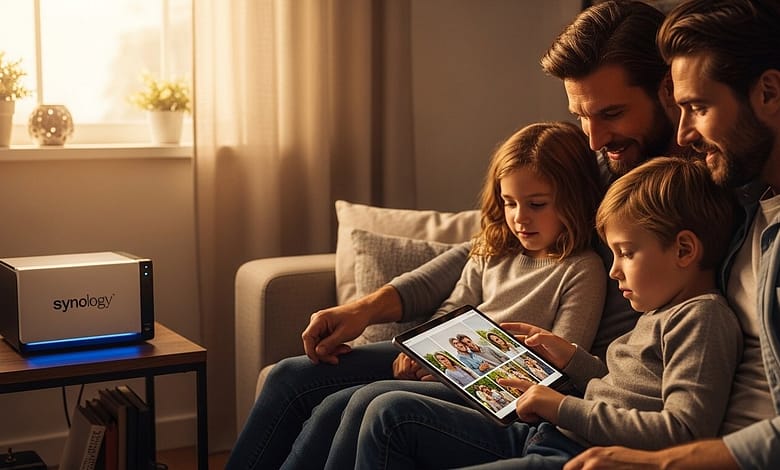Family looking at photos on tablet with Synology NAS nearby