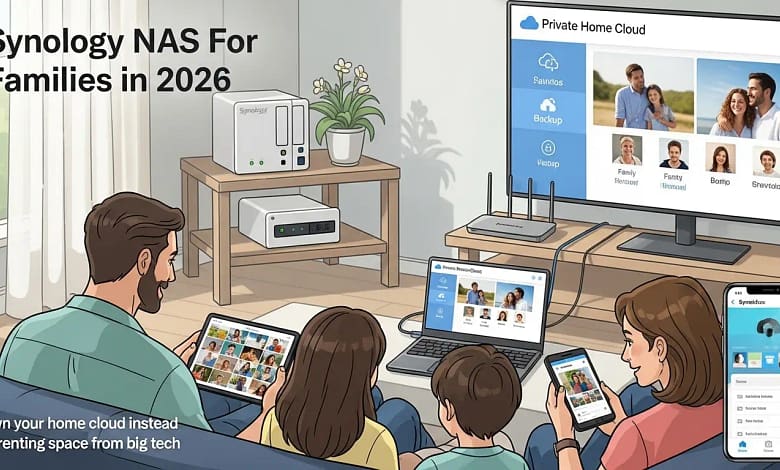 Family using a Synology style NAS as a private home cloud instead of paying for multiple online storage subscriptions
