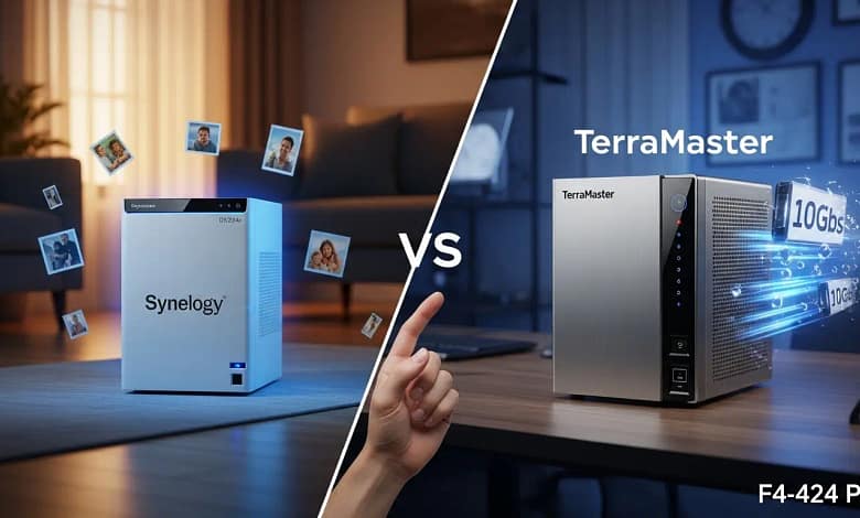 Synology vs TerraMaster 2026 comparison showing software polish on one side and hardware power on the other, with a family home cloud setup.