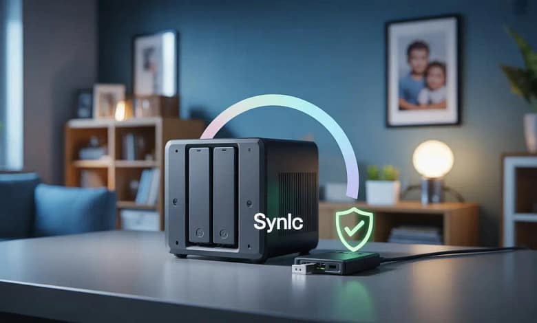 Synology NAS automatically backing up files to an external USB drive for family data protection