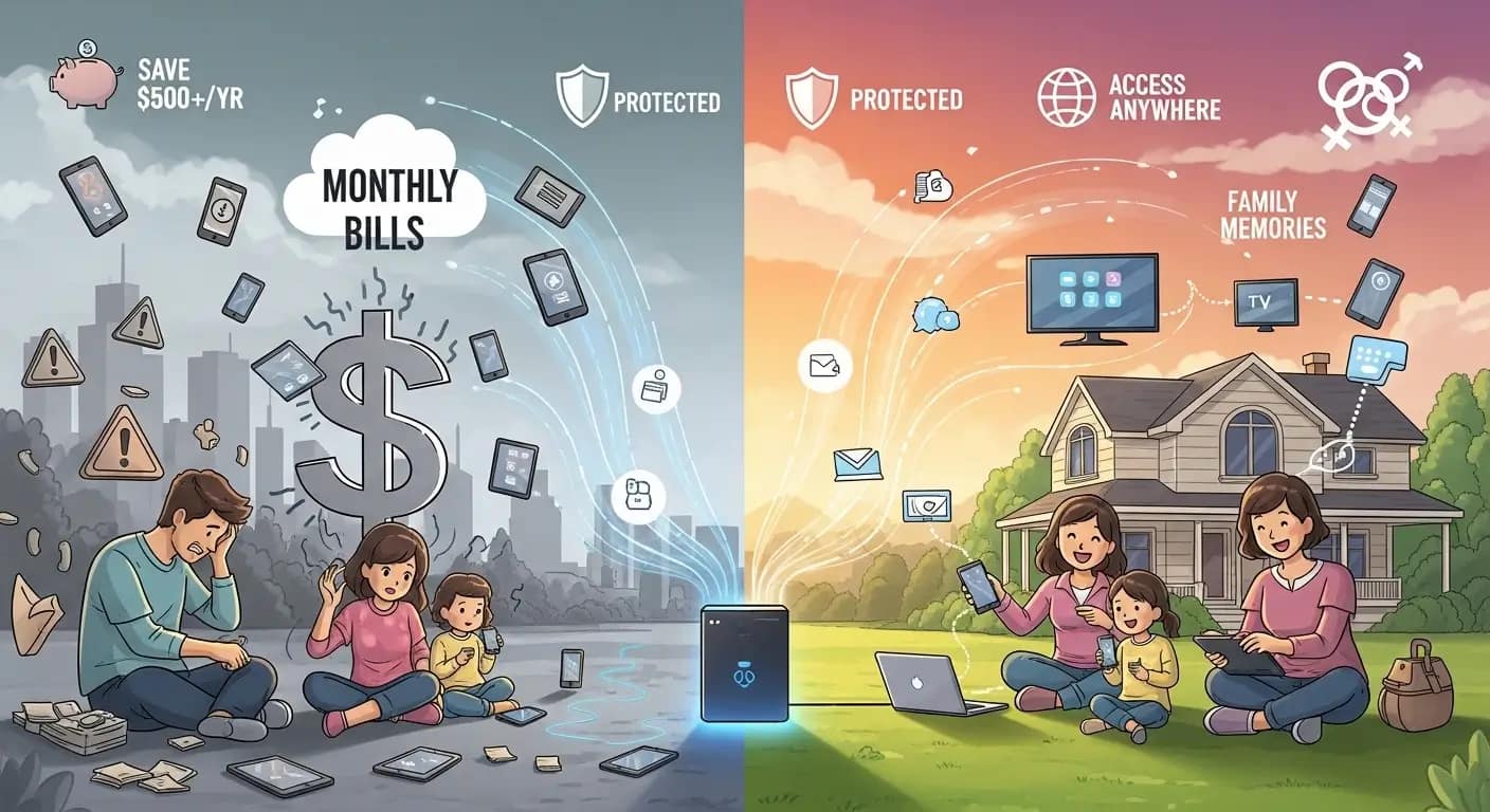 Why every American family needs a NAS in 2026 DIY Family NAS setup 2026 benefits illustration – savings, protection, family memories, remote access