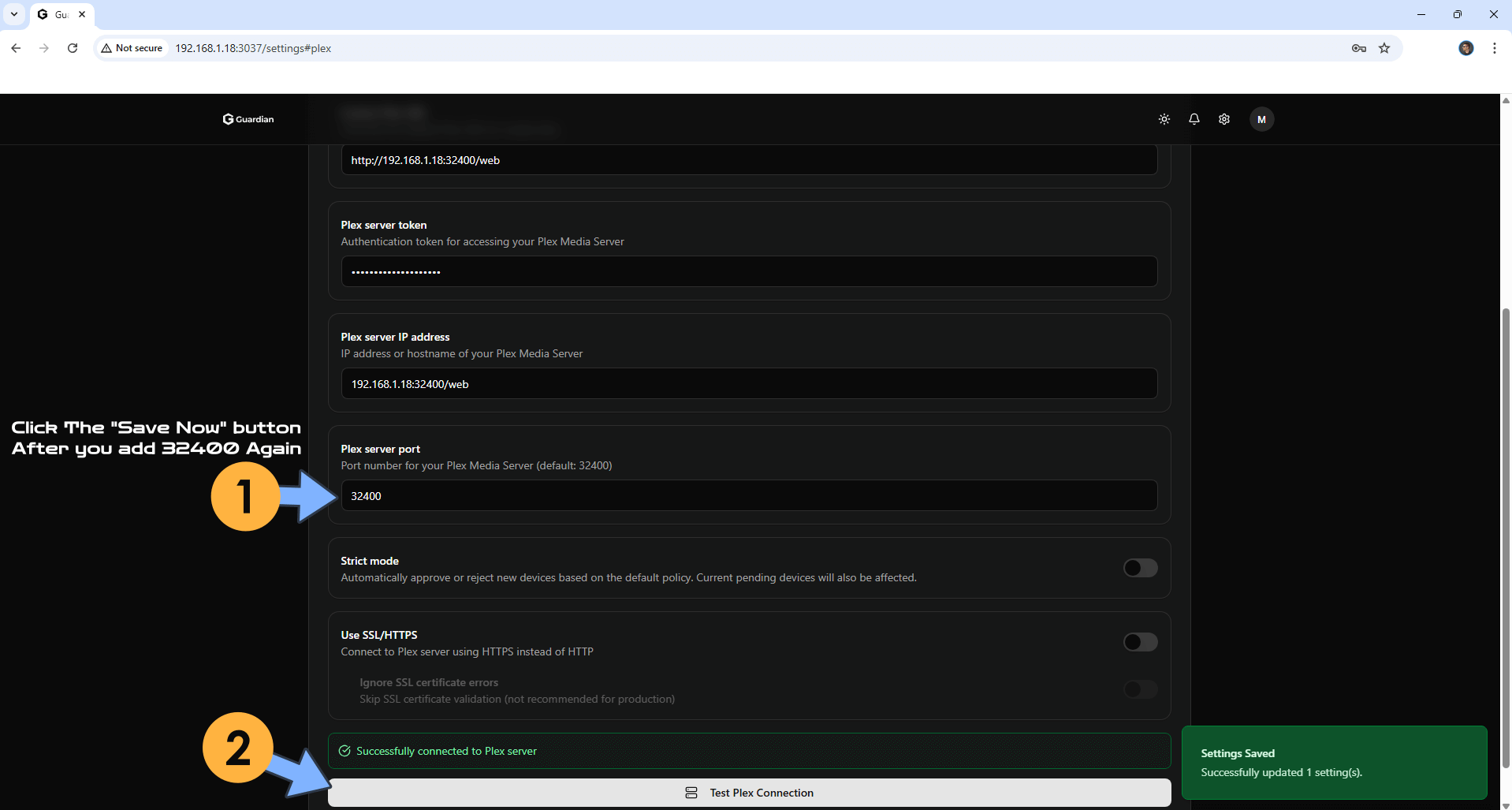 Guardian Synology NAS Set up 11 - Test connection