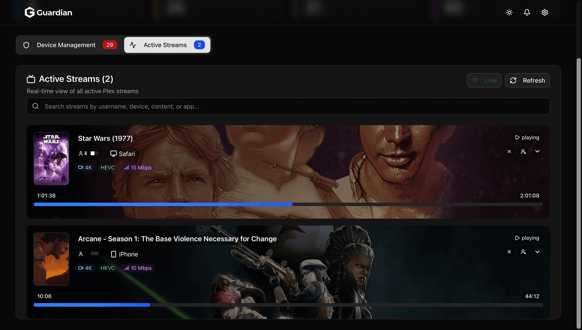 Guardian Synology NAS Set up 13 - Active Streams