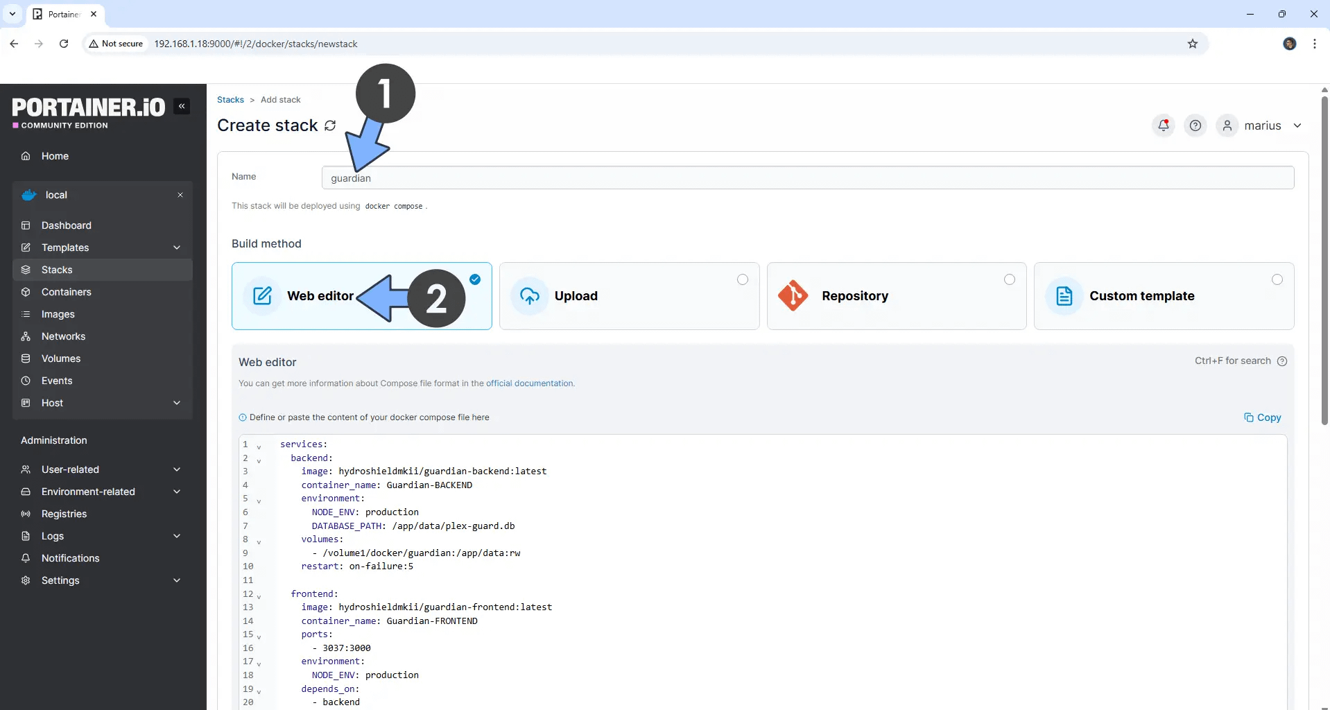Guardian Synology NAS Set up 6 - Paste code in Portainer