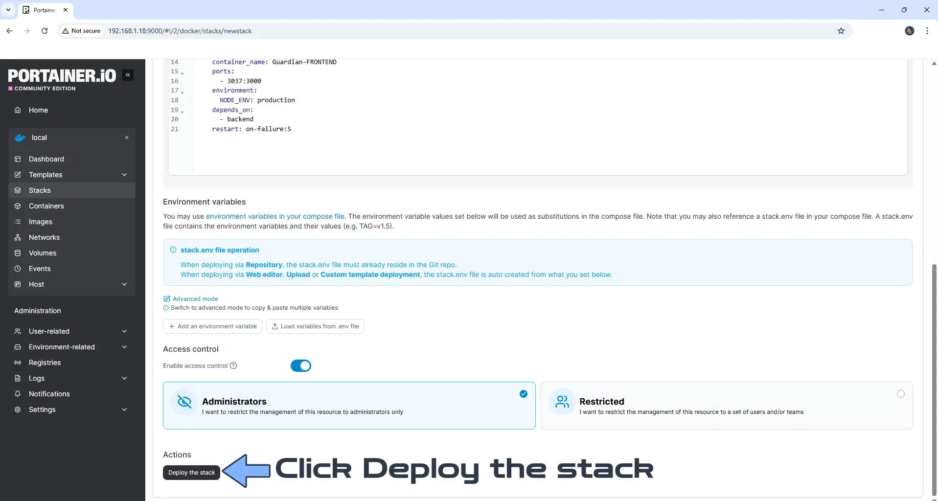 Guardian Synology NAS Set up 7 - Deploy stack button