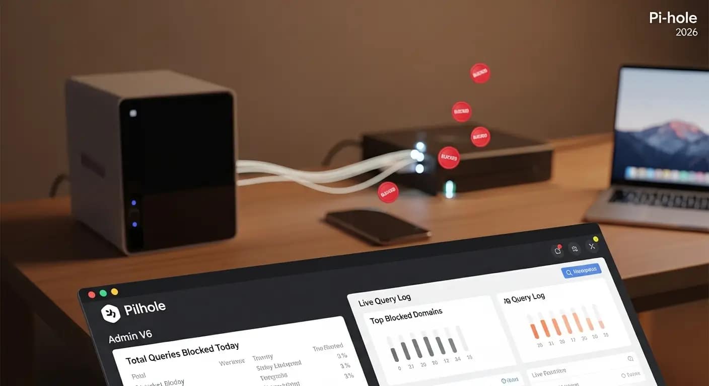Pi-hole V6 Dashboard – Ad Blocking Statistics 2026 Pi-hole Docker install 2026 dashboard showing blocked queries, top domains, and live query log