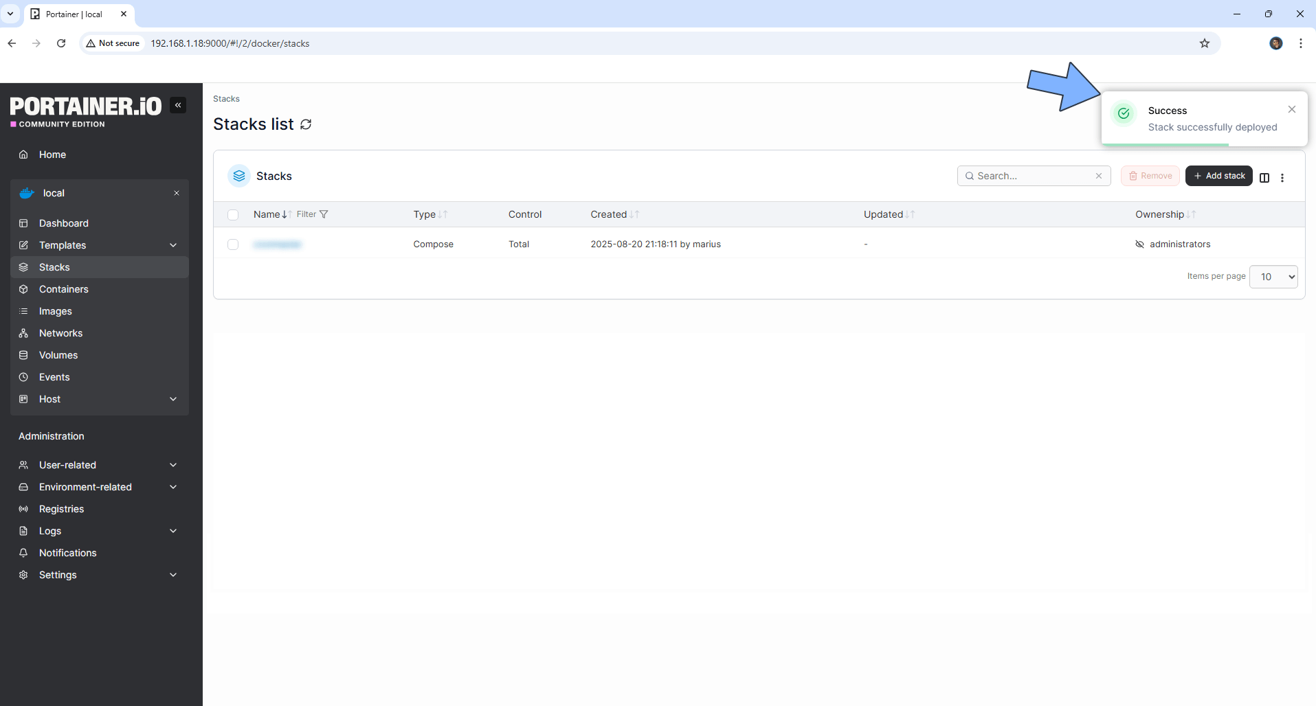 Portainer Stack deployed successfully — Tautulli running on UGREEN NAS with green running status