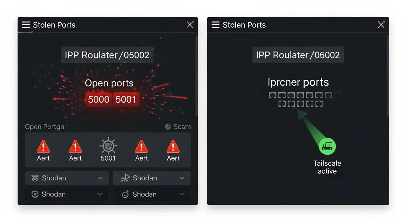 How Port Forwarding Exposes Your NAS to Attacks Comparison of NAS attack surface with port forwarding (visible, open ports) versus without port forwarding using Tailscale (invisible)