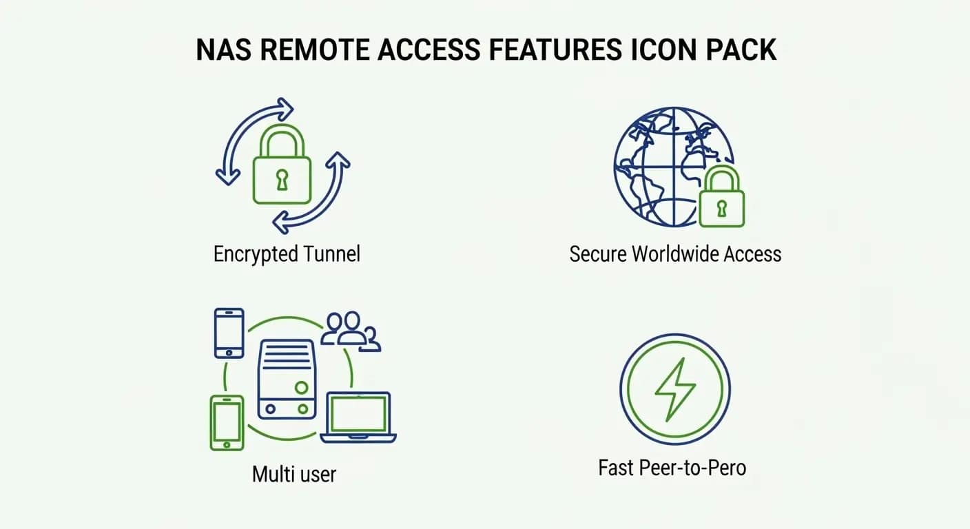 NAS Remote Access Benefits Icon Pack Icon set for NAS remote access features: encrypted tunnel, worldwide secure access, multi-user support, fast peer-to-peer transfer