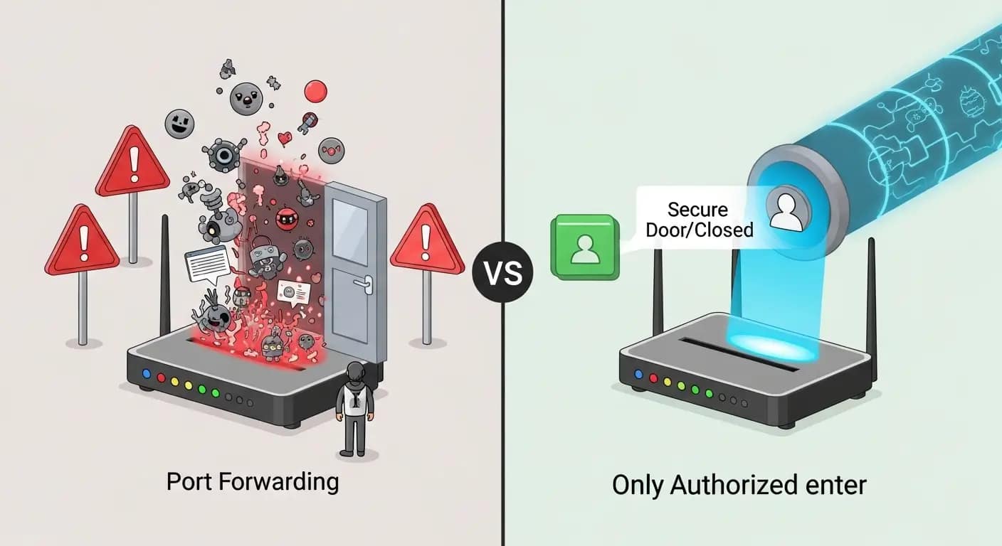 Port Forwarding vs. Secure Tunnel for NAS Remote Access Comparison of port forwarding security risks versus secure tunnel methods like Tailscale for NAS remote access without opening ports