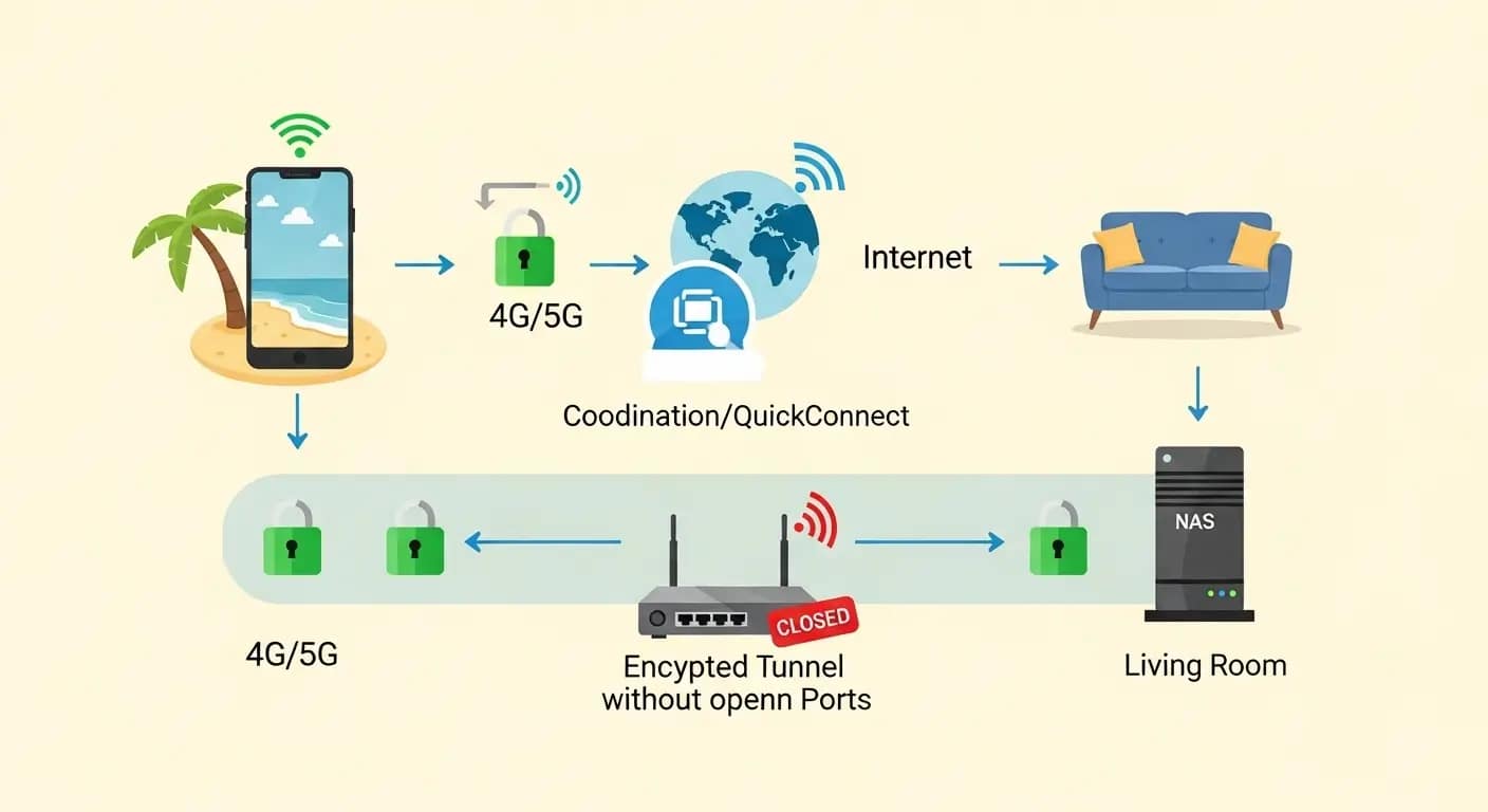 Secure NAS Remote Access Connection Path 2026 Diagram showing the secure encrypted connection path for NAS remote access without port forwarding using Tailscale or VPN tunnel