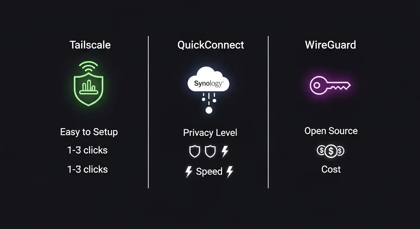 Tailscale vs. QuickConnect vs. WireGuard for NAS Remote Access Comparison of Tailscale, QuickConnect, and WireGuard for secure NAS remote access without port forwarding