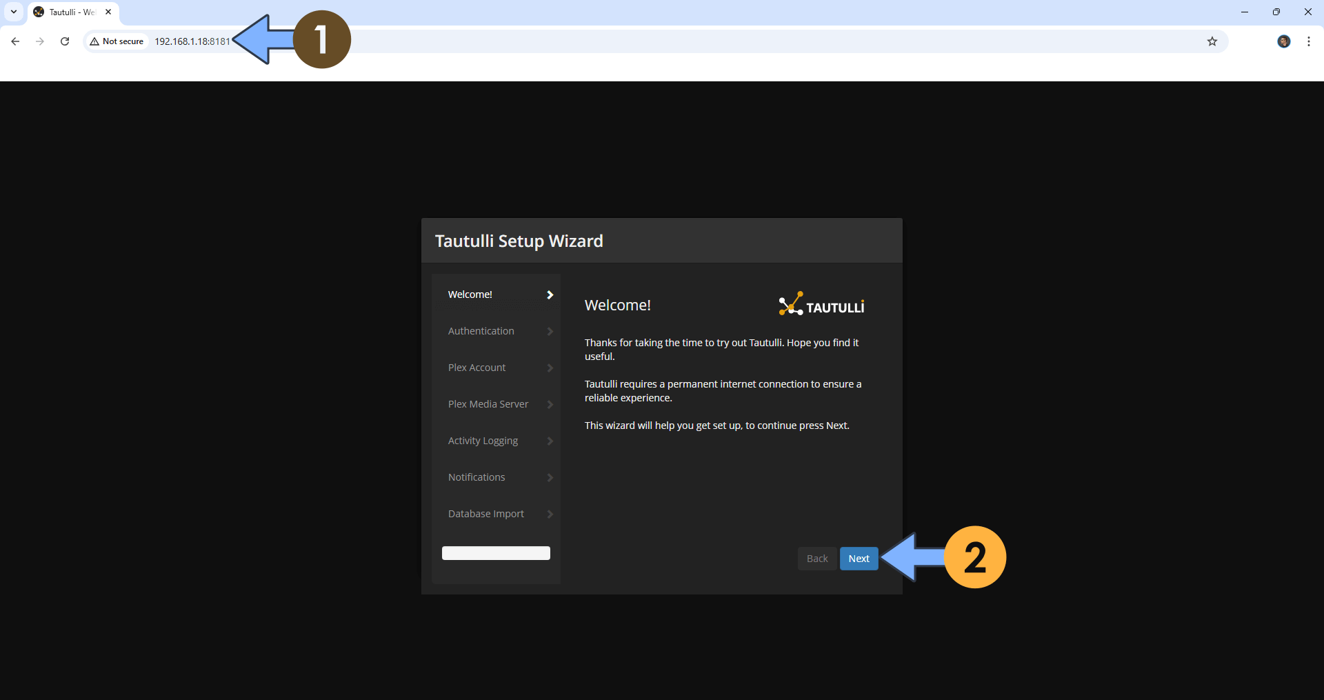 Tautulli Plex server connection setup on UGREEN NAS — entering server IP in setup wizard